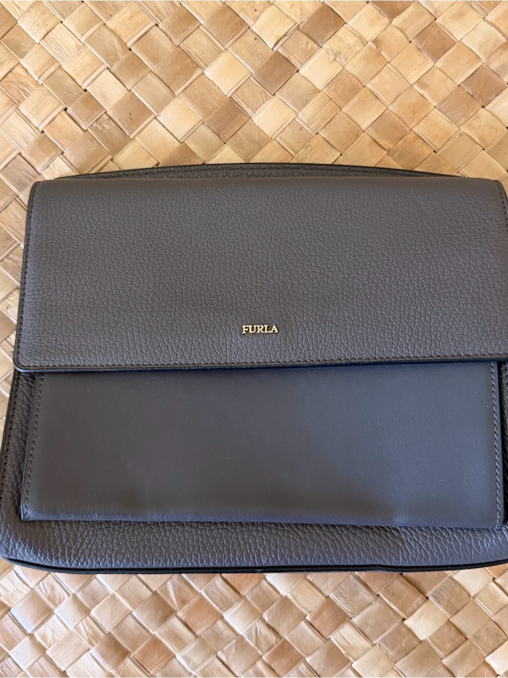 Furla Dark Grey Leather Shoulder Crossbody Bag Gold Chain Strap